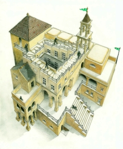 Drawing of a dwelling with stairs that seem to run upward yet end in the place they started.