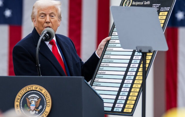 Trump showing one of two[1] charts of tariffs during his Liberation Day speech on April 2, 2025