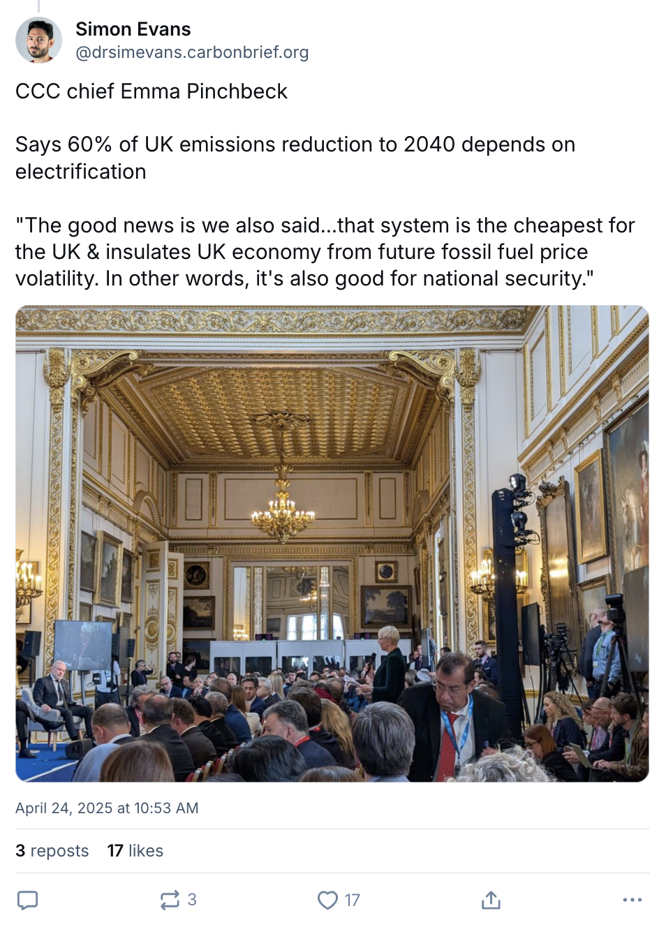 Simon Evans on BlueSky: CCC chief Emma Pinchbeck Says 60% of UK emissions reduction to 2040 depends on electrification "The good news is we also said…that system is the cheapest for the UK & insulates UK economy from future fossil fuel price volatility. In other words, it's also good for national security."
